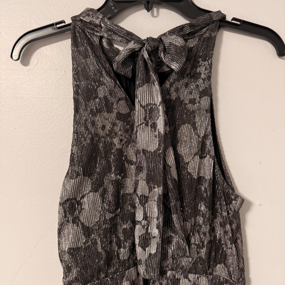 Michael Kors Metallic Floral Print Midi Dress Halter Neck‎ Flowy Ruffle Hem M - Picture 7 of 15